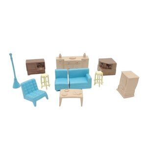 Vintage Marx Dollhouse Living Room‎ Lot TV Record Player Couch Chair Blue 1950s